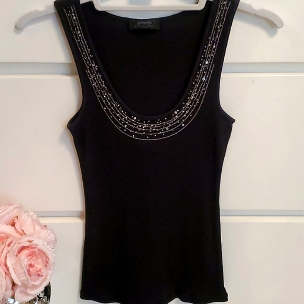 EXPRESS Sequins Black Ribbed Tank Top
